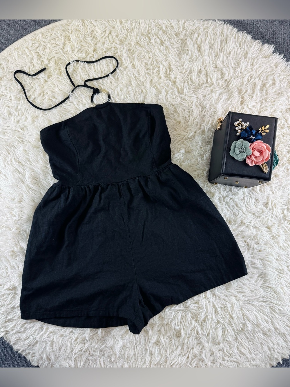 Black Halter Neck Linen Blend Romper